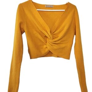 Crop Sweater Twist Front Size S Long Sleeve V-Neck Golden Yellow